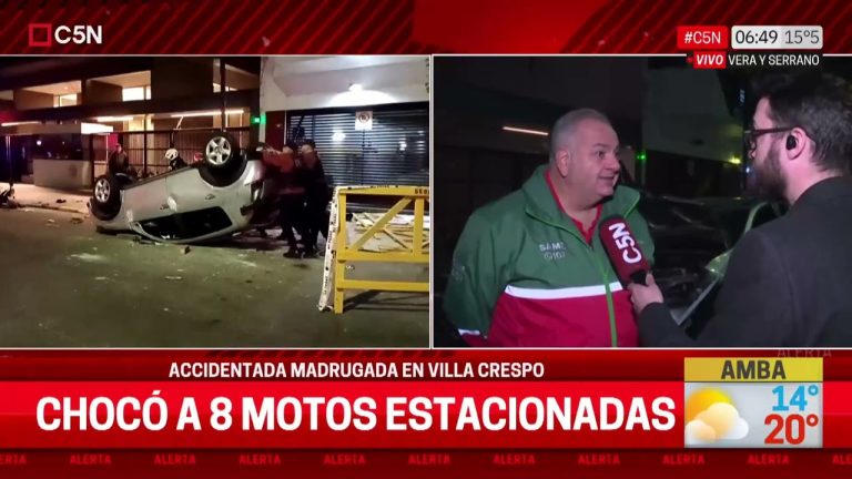 Impresionante accidente de coche con volcadura y colisión múltiple con motos en Villa Crespo